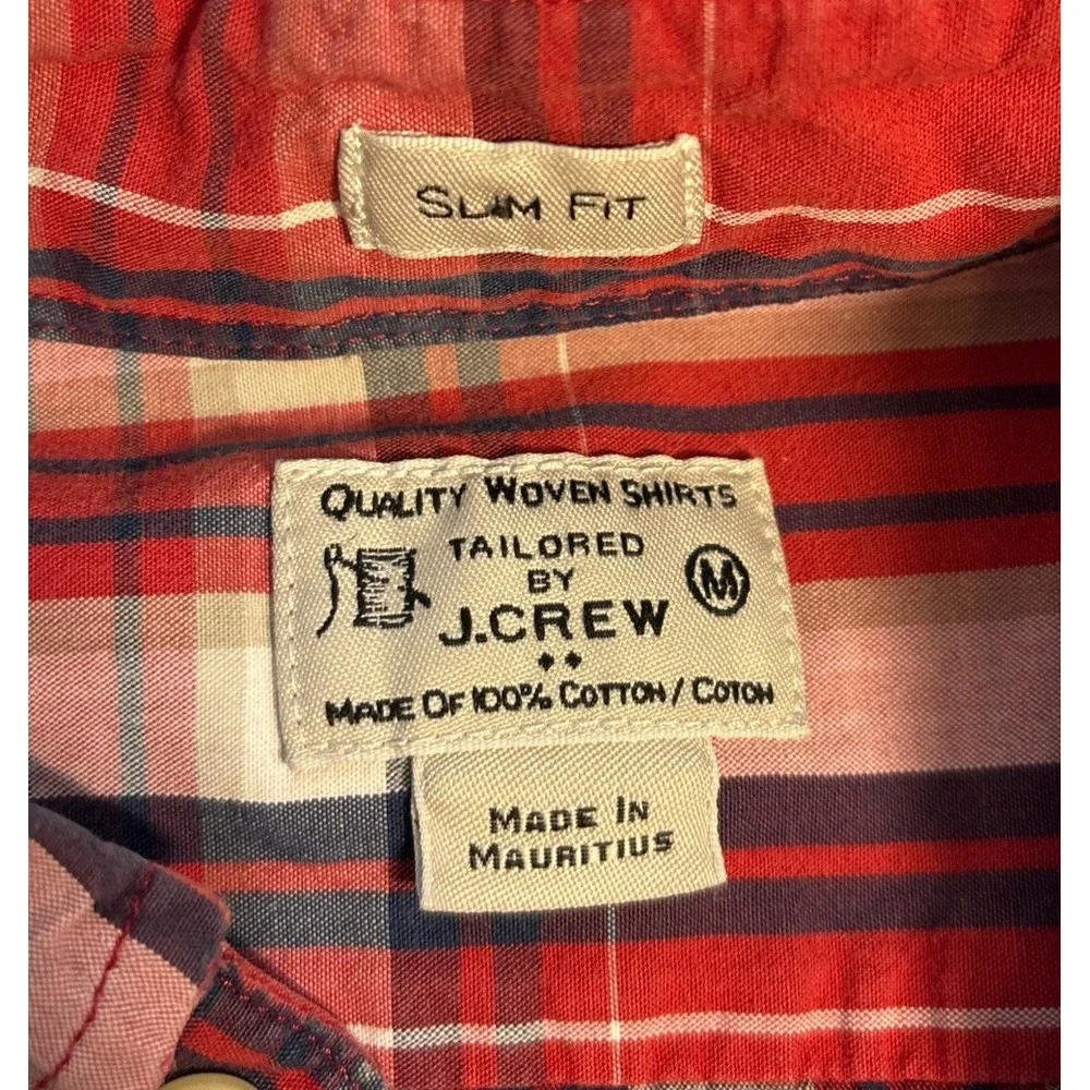 J. Crew Button Down Shirt Men's Red Excellent Slim Fit Plaid Cotton M